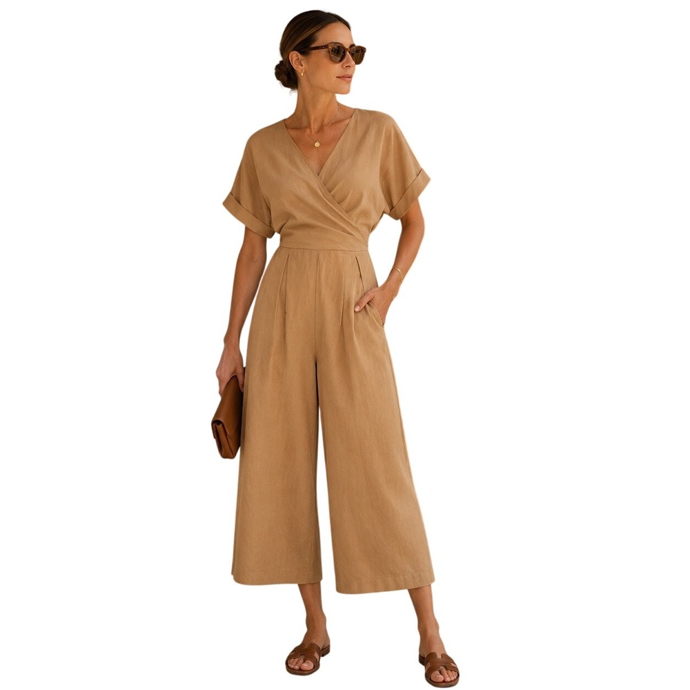 Adolfo Dominguez Women's Linen Blend Wrap Wide Leg Capri Belted Jumpsuit Size L